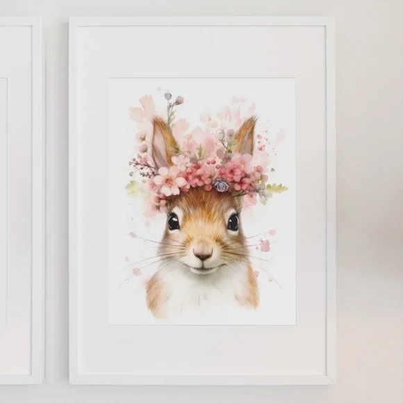 Watercolor Floral Squirrel Portrait Wall Art Illustration Print Poster Unframed - Picture 4 of 6